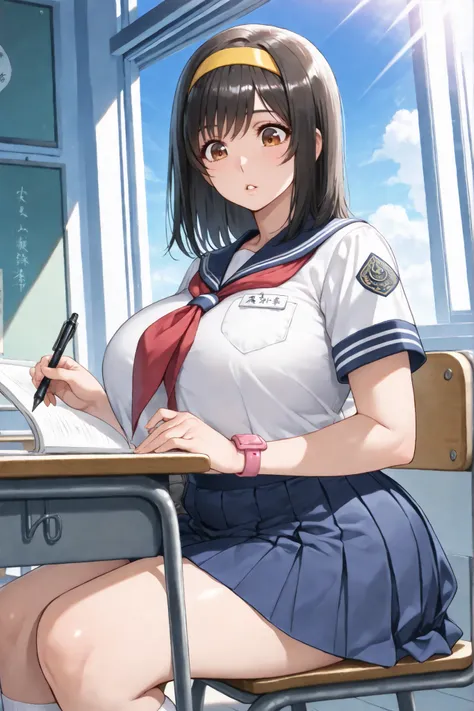 ((masterpiece:1.4, best quality)), ((masterpiece, best quality)),1girl,bishoujo,age girl,,medium hair,straight hair,black hair,asymmetry bangs, swept bangs,long sideburns,brown eyes,tareme,beautiful eyes,(long eyelashes),Curvy,Plump,bbw,huge breasts,huge h...