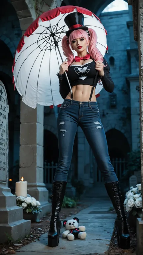 1 girl, alone, realistic style, modern gothic fashion, slim build, standing in a foggy graveyard surrounded by old gravestones and thick mist, holding a plush doll with blue and white striped headgear and brown body, wearing tight black jeans with suspende...