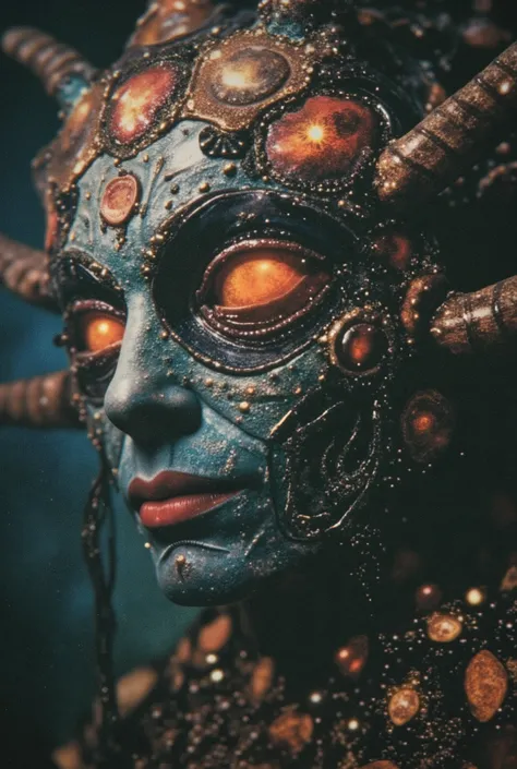A close-up of the unknowable: a face made of galaxies and insect limbs, blinking slowly while weeping rivers of memories stolen from dying civilizations