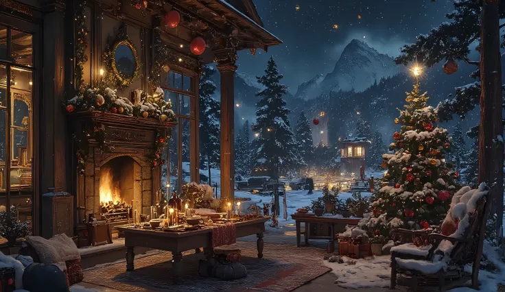 A snapshot A snapshot of a night city scene sparkling with lights decorated in a Christmas theme ,winter at night.black tones t far away there are many small houses that illuminate the snow-covered landscape and pine trees . teaching the Himalayas at night...