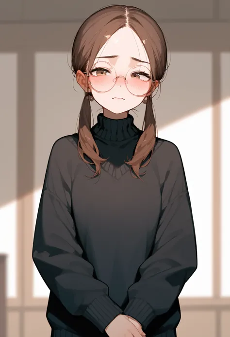 girl, brown hair cascade, round glasses, black sweater,  blush, disturbance
