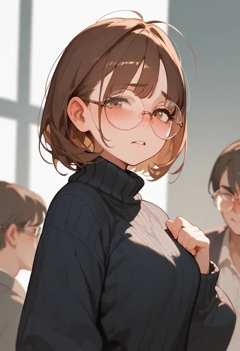 girl, Brown hair,sloppy styling, round glasses, black sweater,  blush, disturbance
