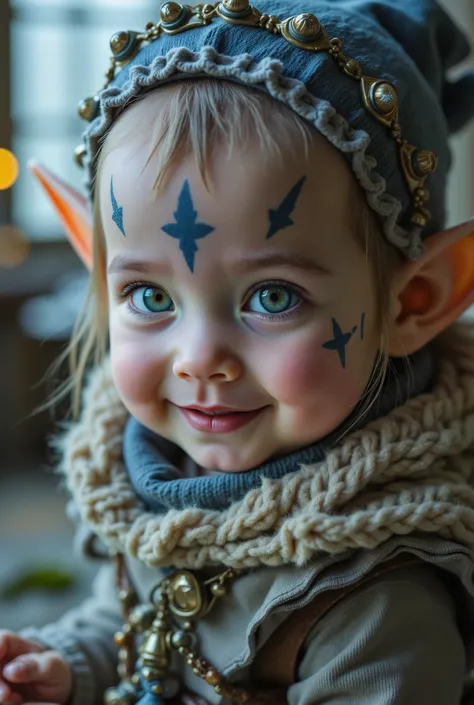 ((FULL BODY)), (RPG CHARACTER),
elf baby with light blue eyes, elf baby, face painted with blue tribal, medieval 's room, sweet baby smile, little elf baby with light blue eyes with a little of the face painted with blue tribal,, 4k, Unreal engine, intrica...