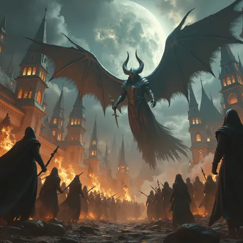 ((FULL BODY)), army of witches attacking a city and casting spells on medieval houses, RPG character, 4k, Unreal engine, intricate, highly detailed, beautiful lighting, advanced quality, 8k, trending artstation, professional, dramatic, illustration, high q...