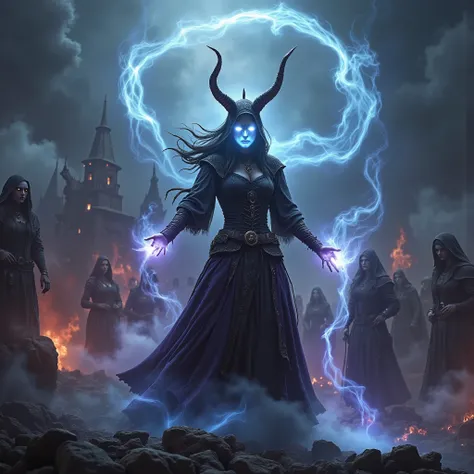 ((FULL BODY)), army of witches attacking a city and casting spells on medieval houses, RPG character, 4k, Unreal engine, intricate, highly detailed, beautiful lighting, advanced quality, 8k, trending artstation, professional, dramatic, illustration, high q...
