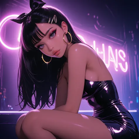 1girl, Solo, black nails, eyeliner, High Resolution, looking at viewer, Bangs, Hair Bow, Masterpiece, High Resolution, Anatomically Correct, Detail, High Details, High Quality, medium round breasts, Hoop Earrings, Hair Ribbon, Jewelry, Hair Clip, Backlight...