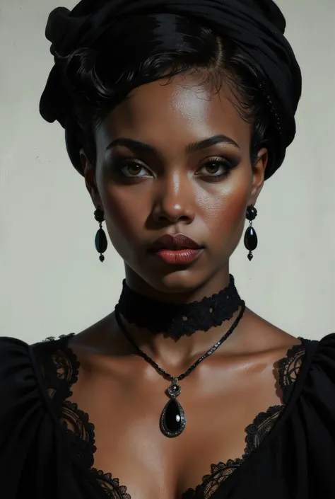 Portrait of a ebony african goth woman. Her dark, haunting eyes are framed by black eyeshadow and eyeliner. Her lips, painted in deep crimson, make her cruel and dangerous, as if she knows secrets that could shatter worlds. Black female wearing black lace,...