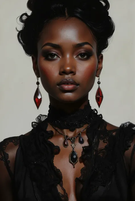 Portrait of a ebony african goth woman. Her dark, haunting eyes are framed by black eyeshadow and eyeliner. Her lips, painted in deep crimson, make her cruel and dangerous, as if she knows secrets that could shatter worlds. Black female wearing black lace,...