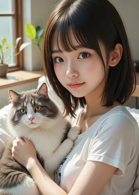 Japanese Girl、Semi-long hair with bangs、Girl and cat、Holding a Cat by Her Chest、girl lying in bed、(The girl is wearing a T-shirt with a picture of a cat on a white background)、(The Cat Is a Fluffy White and Gray Fluffy Cat)、The girl looks here、The cat is s...