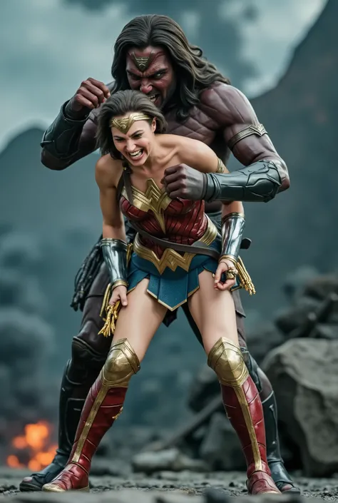 Gal Gadot as Wonder woman, she is bend over, (upskirt), she's crying, she's screaming in pain, a strong devil is doing sexual intercourse from behind, fierce devil push his penis into her skirt and fucking harder and harder, volcano scene,