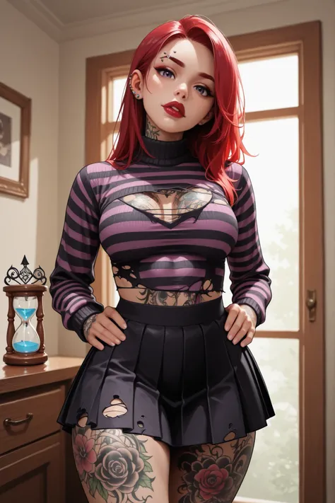 1girl, alt, alternative, alt girl, alternative girl, tattoos, neck tattoos, tattoo sleeve, covered in tattoos, leg tattoos, tattoos everywhere, completely covered in tattoos, arm tattoos, breasts, thick thighs, alt hair, indoors, bright purple and black st...