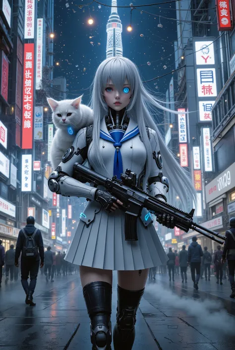 realistic futuristic Japanese high school girl, 18 years old, long straight Silver Hair flowing in the wind, serious and focused expression, facing forward, aiming a high-tech sci-fi assault rifle, futuristic sailor-style school uniform in white and blue, ...