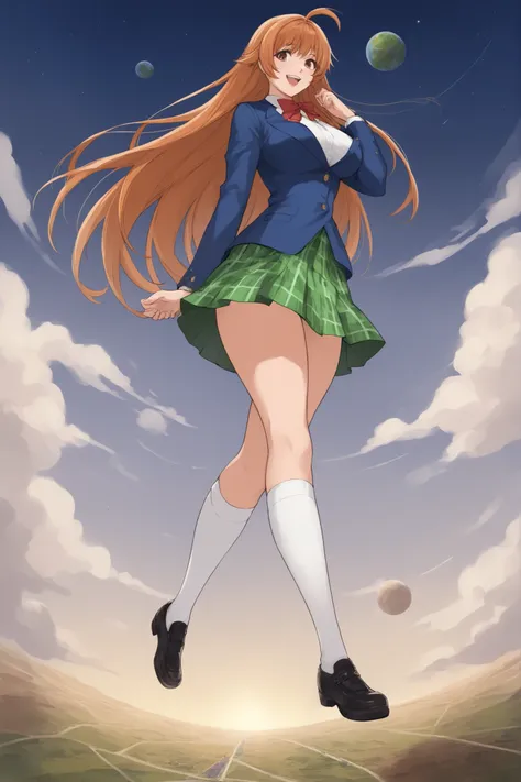 best quality,masterpiece,looking at viewer,absurdres,1girl,score_9,score_8_up,score_7_up,source_anime BREAK natsume aya,orange hair,long hair,brown eyes,ahoge,breasts,white ,skirt,bow,plaid,large breasts,jacket, plaid, green plaid skirt, blue blazer, evil...