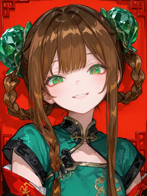 Brown hair, high round and braided hair, twin-tails, nasolabial, emerald-colored eyes, Chinese clothes, a cute girl, bright smile