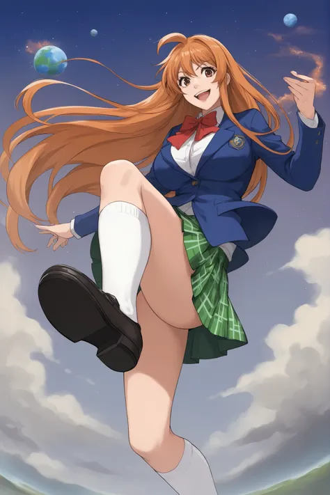 best quality,masterpiece,looking at viewer,absurdres,1girl,score_9,score_8_up,score_7_up,source_anime BREAK natsume aya,orange hair,long hair,brown eyes,ahoge,breasts,white ,skirt,bow,plaid,large breasts,jacket, plaid, green plaid skirt, blue blazer, evil...