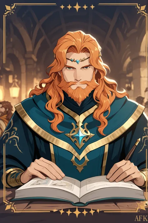 line-art, art book, best quality, 1 man, male, ginger hair, wavy hair, stylish beard, afk journey style clothes, fantasy clothes, king