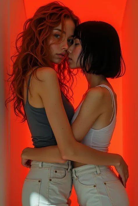 Intimate Poses , long curly red hair and short black hair, gray tank top、white shorts next to a white tank top, Indoor studio,  Bold Red Background ,  Soft Lighting , casual atmosphere, close-up shot, Central Composition 