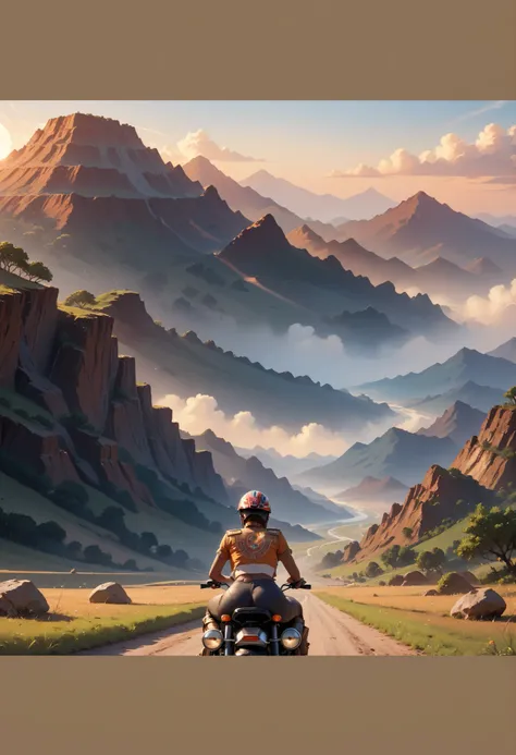 An Asian girl wearing a motorcycle helmet sits on Mark Two,Behind is Mount Kilimanjaro,there is a woman sitting on a rock in a field, on the african plains, volcanoes in the background, stunning sight, epic and stunning, with a volcano in the background, s...