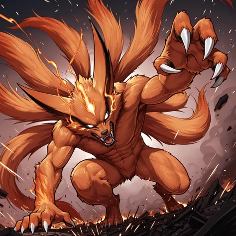 A highly detailed digital illustration of the Nine-Tailed Fox (Kurama) in a dynamic action pose, depicted in a gritty manga-comic hybrid style. The creature has exaggerated muscular anatomy, sharp claws, and intense glowing white eyes, with wild fur and ni...