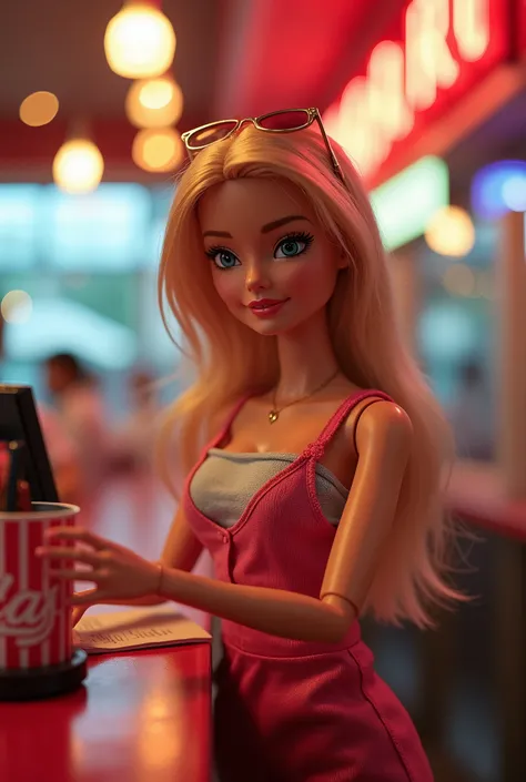 Create a captivating snapshot of a Barbie doll working part-time at a hamburger shop register, illuminated by dramatic lighting. Focus on the charm and vibrant colors that highlight Barbie's personality and the lively atmosphere of the diner.