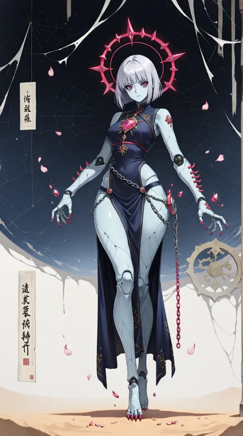 ( masterpiece, the best quality:1.2), 1 Girl, alone, JOJO 风格的zombie girl在月下战斗的姿势广角镜头，Waste away to reveal waist and hip curves，Translucent amulet"Royal Order: phantom"Wrapped around jade legs，Mechanical spine reveals purple-red neon，Blue-gray skin cracks o...
