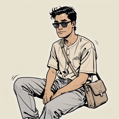 "Minimal cartoon illustration of a chill Thai guy sitting cross-legged, wearing a soft cotton white-beige button-up shirt and plain light gray cotton pants, with a traditional local shoulder bag (brown tone). He has short black hair, simple black sunglass...
