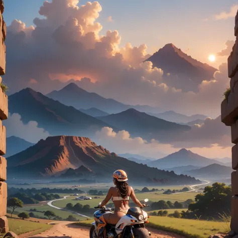 An Asian girl wearing a motorcycle helmet sits on Mark Two,Behind is Mount Kilimanjaro,there is a woman sitting on a rock in a field, on the african plains, volcanoes in the background, stunning sight, epic and stunning, with a volcano in the background, s...