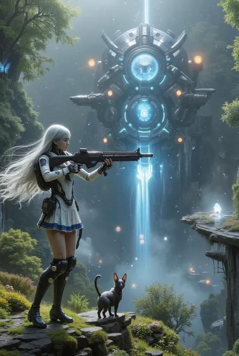 realistic futuristic Japanese high school girl, 18 years old, long flowing silver hair swaying in the wind, serious and focused expression, standing facing forward, aiming a high-tech sci-fi assault rifle, futuristic sailor-style school uniform in white an...