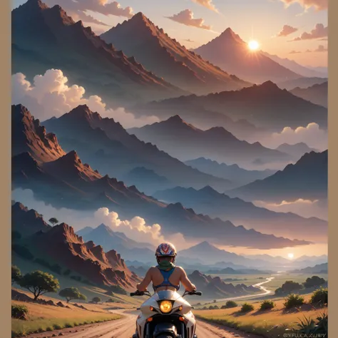 An Asian girl wearing a motorcycle helmet sits on Mark Two,Behind is Mount Kilimanjaro,there is a woman sitting on a rock in a field, on the african plains, volcanoes in the background, stunning sight, epic and stunning, with a volcano in the background, s...