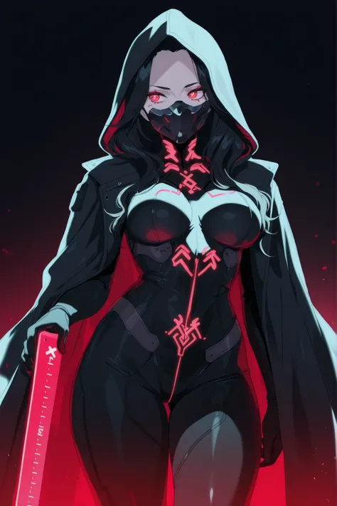 Dark and mysterious Cyberpunk Figure , sleek and enigmatic design, pale human skin tone with a subtle glow from the ambient lighting. ((Long wavy black hair partially visible under a hood)), glowing red eyes or markings on the face (if wearing a mask), enh...