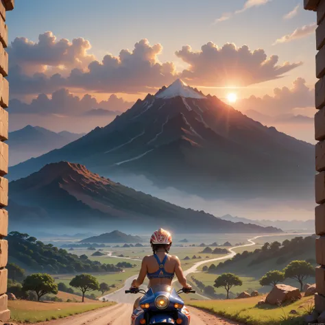 An Asian girl wearing a motorcycle helmet sits on Mark Two,Behind is Mount Kilimanjaro,there is a woman sitting on a rock in a field, on the african plains, volcanoes in the background, stunning sight, epic and stunning, with a volcano in the background, s...