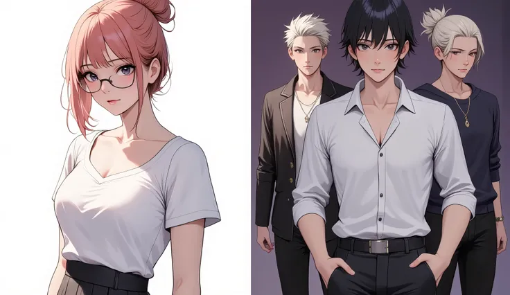 "Stylized digital illustration in anime or manhwa-inspired style. On the left side, a confident and smirking age girl with light pink-orange hair tied in a messy bun and glasses is touching her lips mischievously. She stands against a clean white backgroun...