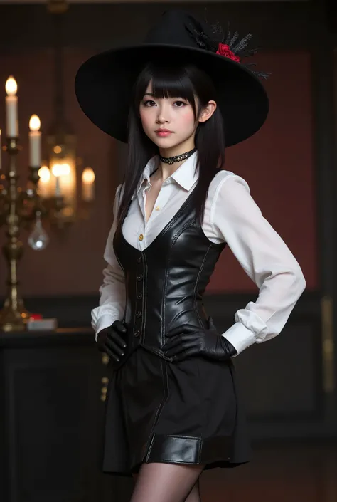 masterpiece, realistic, dslr style, very detailed face, detailed clothing, Detailed fabric, (A japanese girl), ((hands on the hip)), perfectly drawn body , beautiful face, closed lip vest, (short black hair), black eyes, very detailed eyes, serious express...