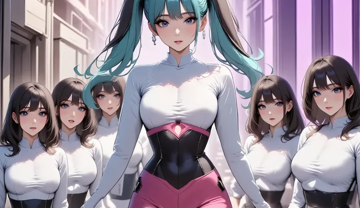 "A vibrant anime-style digital illustration of a confident futuristic girl with long twin-tailed turquoise hair, highlighted with mint green shades. She stands in the center with arms outstretched, wearing a tight futuristic bodysuit with black and hot pin...