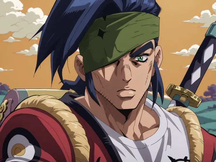 kenji, blue hair, long bangs, good man, green eye patch, eye scar, stubble, green eyes, thick eyebrows, dark green ribbon, male, muscular, portrait he's with his katana, make him in an open field, training sword, with a katana,