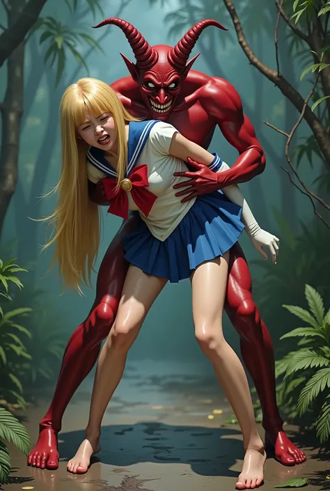 Hyperrealism, masterpiece, highest quality, A young Japanese woman is bending down and hugging from behind by a devil, ((she is crying and screaming in pain)), a bit of blood on her inner thighs, tears from her eyes, painful face, she is wearing a Sailor M...
