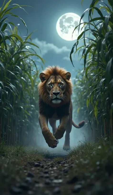The frightened lion running away quickly from the sugarcane field under the moonlight.