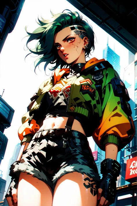 In the cyberpunk world of futuristic Tokyo, a striking girl with short vivid green hair dons a hoodie and shorts. Her piercing orange eyes and ear piercings add an edgy touch to her appearance. This high-quality image, be it a digital painting or photograp...