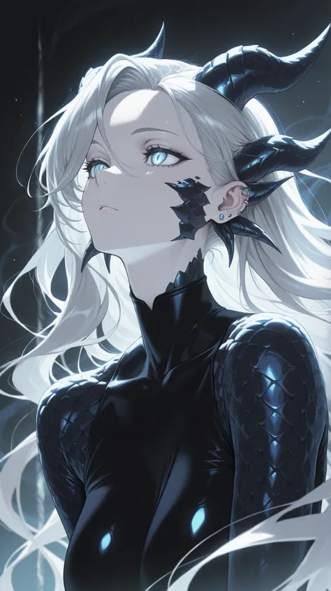 masterpiece, best quality,detailed eyes, amazing quality, newest, very aesthetic, 1girl,Her form is a mesmerizing mosaic of dragon scales, each one shimmering with an iridescent sheen that shifts subtly in the light. Her skin, a ghostly pale hue, contrasts...