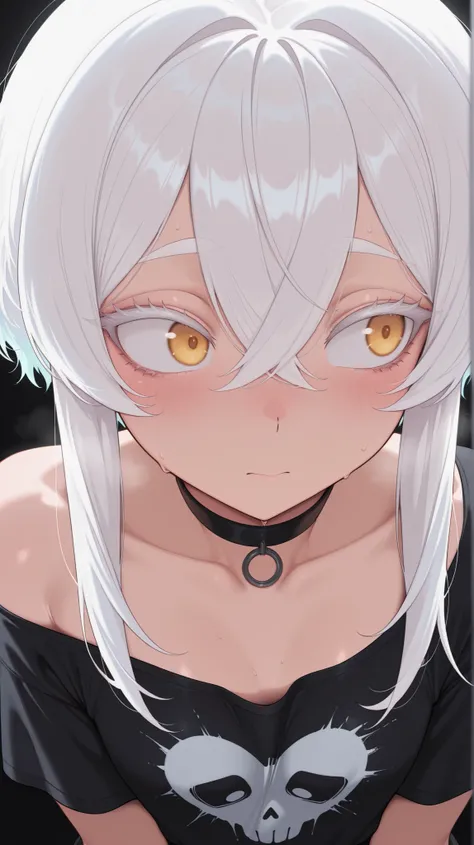 masterpiece, best quality,detailed eyes, amazing quality, newest, very aesthetic, 1girl,white hair,white eye lashes,white eyebrows,thick eyelashes,yellow eyes,wide eyes,shy,blushing,emo outfit,upper body,covered body,neon hearts,albino,dynamic black backgr...