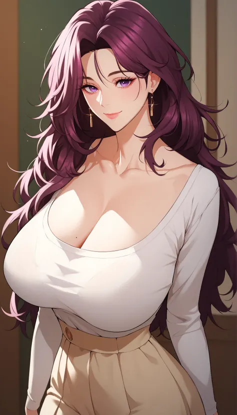 score_9,score_8_up,core_7_up   ,,,,, shindohee,huge breasts, large breasts , curvy , purple hair,milf,purple eyes,  dark magenta hair ,long hair,, sexy, smile, smile closed mouth,looking at viewer, standing , mature female , score_9,score_8_up,score_7_up,s...