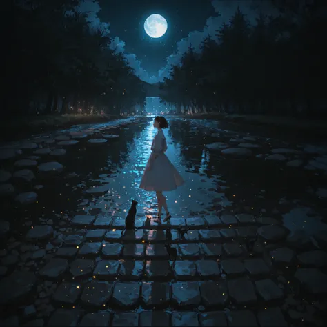 very wide shot, 1 girl, white dress, stepping stones, river, Black cats walking side , night, moon, tranquil, (light particles:1.4)