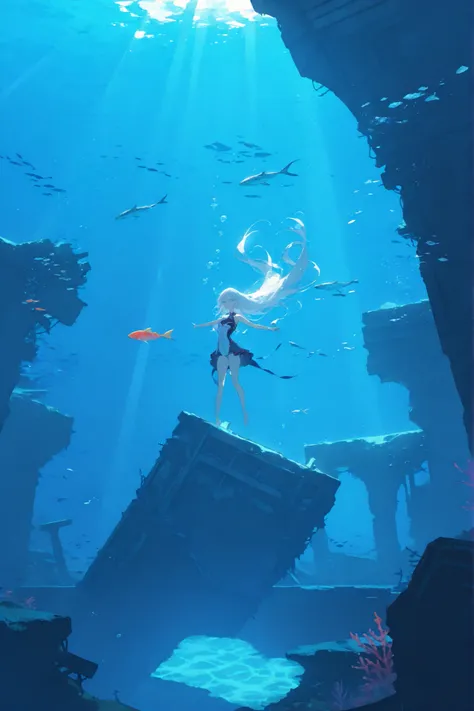 underwater, 1girl, long_hair, scenery, solo, white_hair, neon_trim, very_long_hair, light_rays, ruins, fish, outstretched_arms, blue_theme, wide_shot, sunlight, submerged, swimming, air_bubble, water