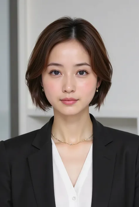 This is Japanese News Caster NHK News.., serious expression,、ear piercing、necklace、Dark eyeshadow、office lady suit、jacket、white shirt、looking at the camera、 pale brown hair、hairstyle shortcuts、bob cut

