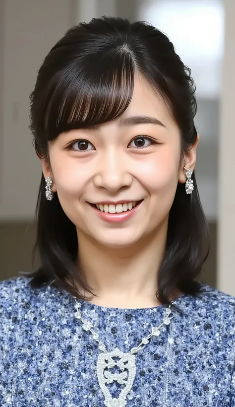 Japanese woman headshot、looking at the camera、Dark eyeshadow、 smile showing teeth、Red cheeks、ear piercing、necklace、upper body、Background is in a room、