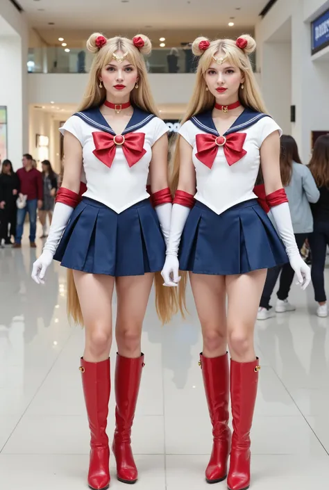 Create a hyper-realistic photograph of beautiful, fair-skinned twin girls. They have very long, straight blonde hair styled in two buns and twin tails. Both are wearing Sailormoon costumes and standing in a symmetrical pose, resembling small versions of Sa...