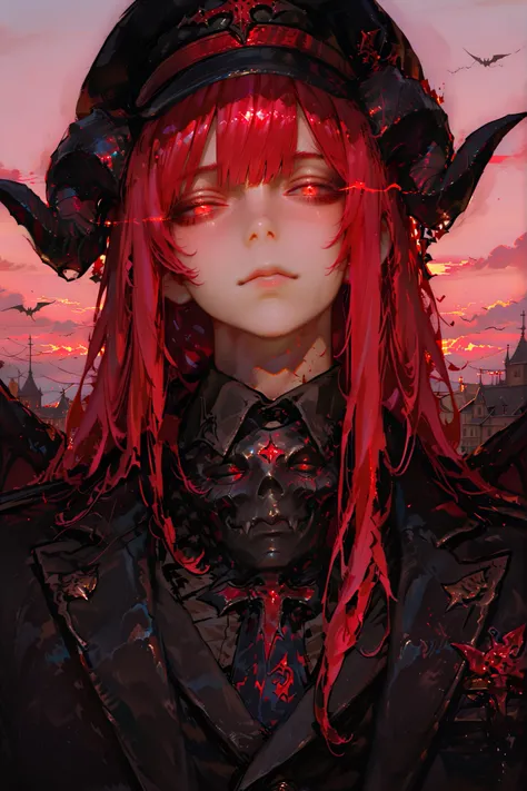masterpiece, best quality, Detailed Eyes, boy, fantasy, red eye, short red hair, 8k, black suit, black demon horns, big black demon wings, solo charactor, tired face, emotionless face, looking at viewer, sky background, glowing eyes, shiny, black general h...