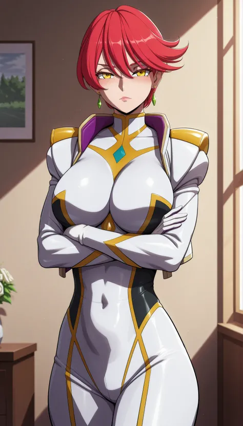 narah_pilotsuit,narah vaughn,1girl,solo,red hair, crossed arms,short hair,breasts ,yellow eyes,gloves,looking at viewer,jewelry,earrings,lipstick,large breasts,mature female,MILF, standing , score_9, score_8_up, score_7_up, score_6_up, score_5_up, score_4_...