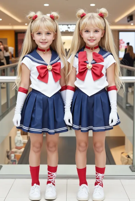 Create a hyper-realistic photograph of beautiful, fair-skinned twin girls. They have very long, straight blonde hair styled in two buns and twin tails. Both are wearing Sailormoon costumes and standing in a symmetrical pose, resembling small versions of Sa...