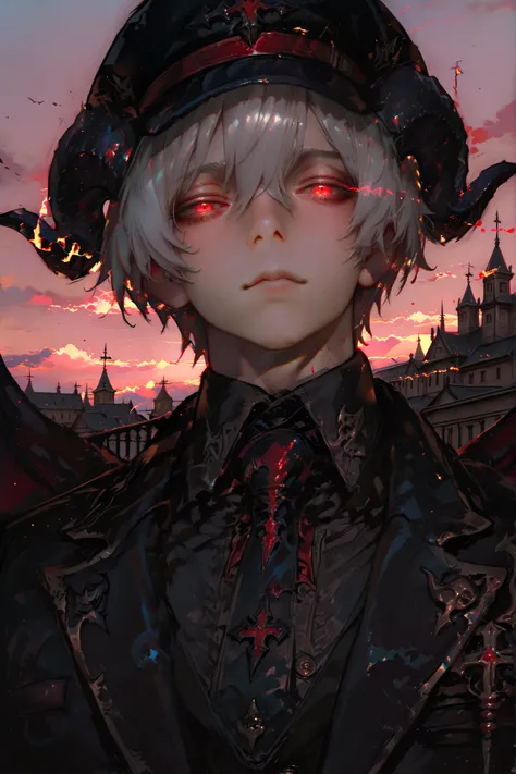 masterpiece, best quality, Detailed Eyes, boy, fantasy, red eye, shortcut gray hair, 8k, black suit, black demon horns, big black demon wings, solo charactor, tired face, emotionless face, looking at viewer, sky background, glowing eyes, shiny, black gener...